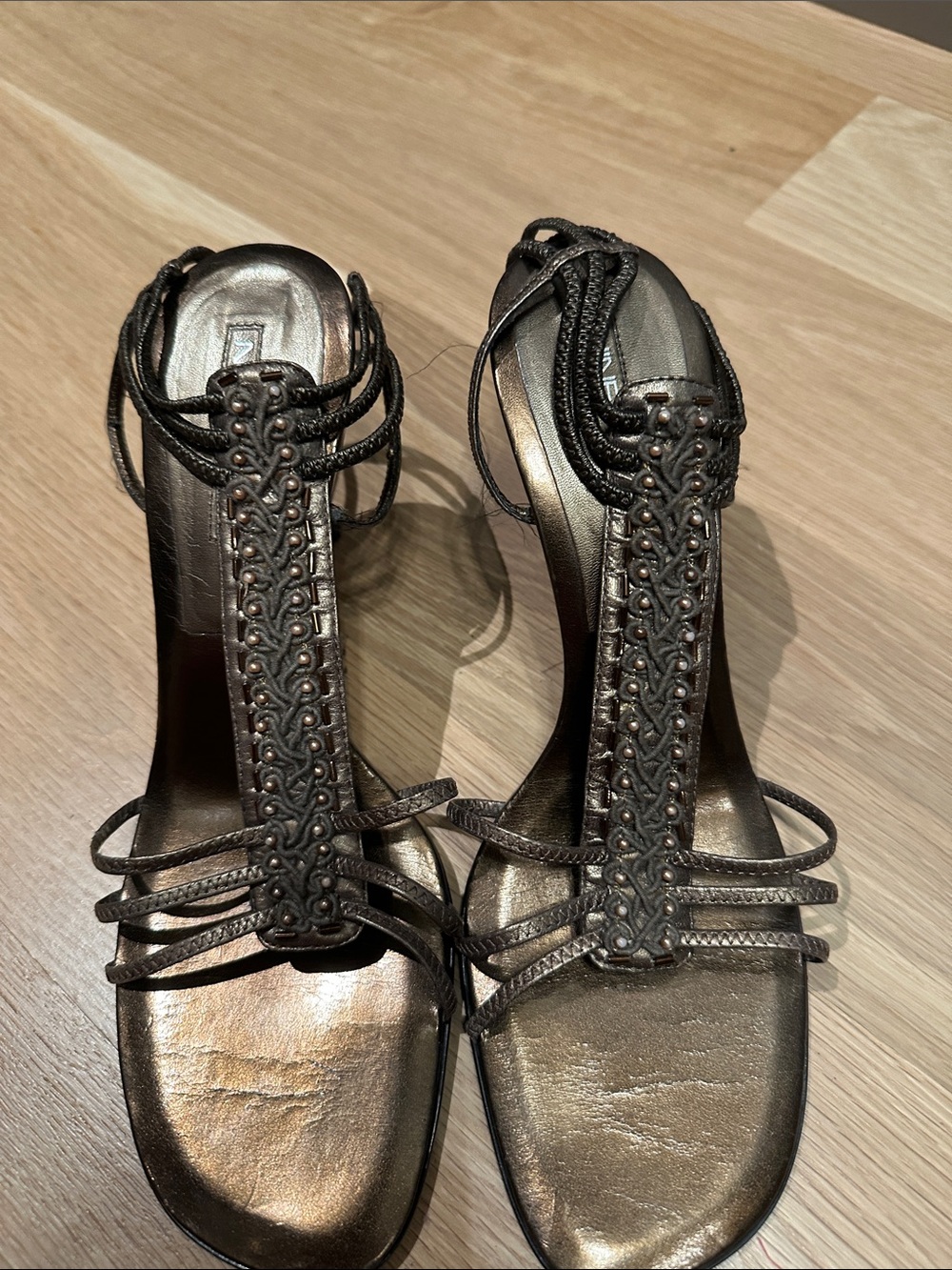 Nine West Metallic Bronze Braided T‑Strap Heels
